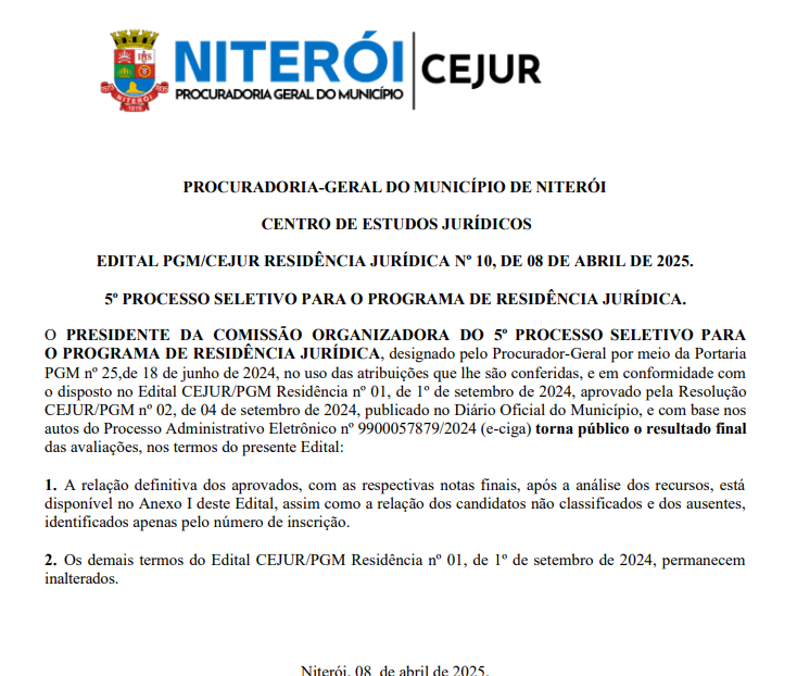 Programa de Residência Jurídica: Resultado Final é Publicado